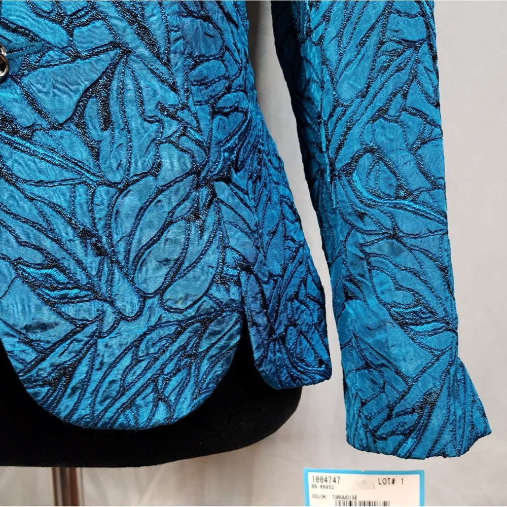 New w/tag LESLIE FAY Size 8P Shimmering Turquoise Jacquard Scalloped Hem Blazer - Picture 9 of 13